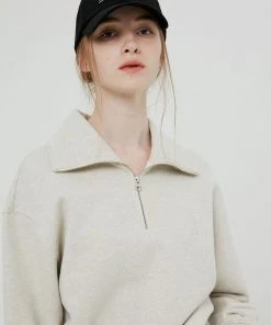 [BENSIMON] FW 21 WIDE COLLAR CROP HALF ZIP UP - OATMEAL