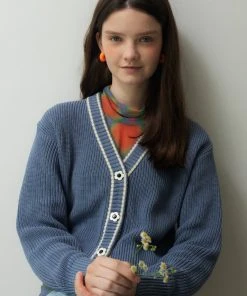 Best Sellers [ROCCI ROCCI] FW 21 Soft Cotton Waffle Line Crop Cardigan STONE BLUE
