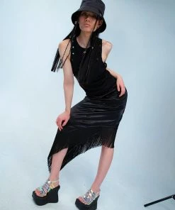 [GIMMETHEYOUNG] 20SS G_DIAGONAL LINE TASSLE SKIRT / BLACK