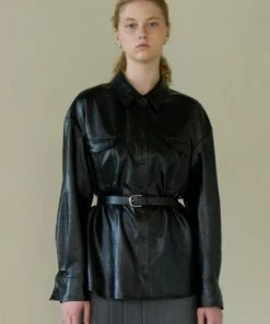 [STEP AROUND] FW 21 FAKE LEATHER POCKET SHIRTS_BLACK Best Sellers