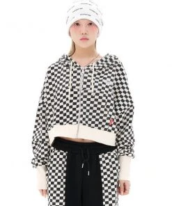 [FEVERTIME] FW 21 21 Checker Crop HOODIE ZIP-UP - BLACK
