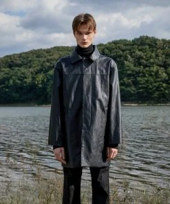 [FLARE] Winter 21 Vegan Leather Balmacaan Half Coat - Black (FL-030) Best Sellers