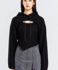 [OUTXO] Winter 21 Knit Hood Bolero Set Black