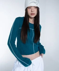 [SETUP EXE] Winter 21 Raw Edge Stitch Crop Top [Blue] Best Sellers