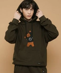 Best Sellers [DXOH] Seasonless BEAR EMBROIDER HOODIE [KHAKI]