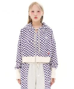 Best Sellers [FEVERTIME] FW 21 21 Checker Crop HOODIE ZIP-UP - PURPLE