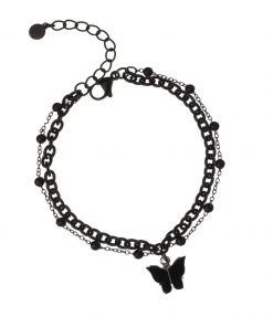 [STEEL EDITION] Seasonless All Black Butterfly Layered Bracelet Silver