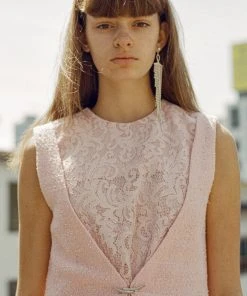 [MERENS] FW 21 Front Broach Tweed Mix Lace Long Dress